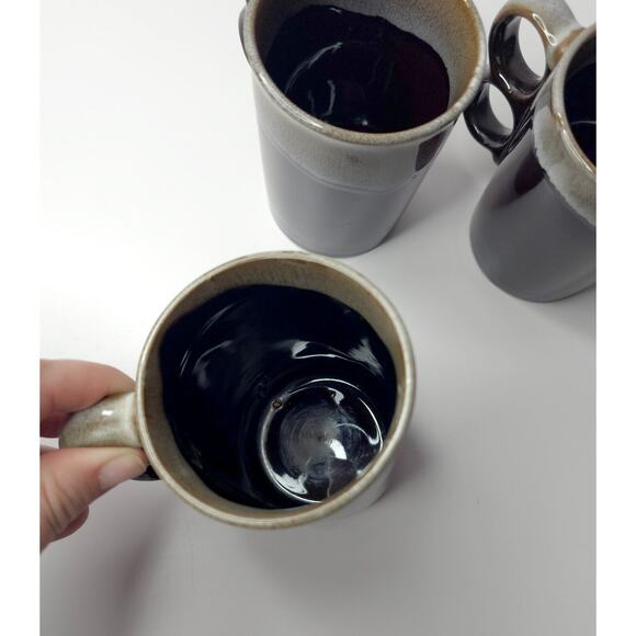 Set of 4 Vintage Brown Drip Glaze Trigger Two-Finger Handle Redware Mug Japan - Picture 7 of 13